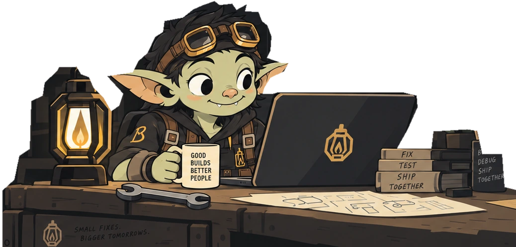 Patch, a sage-green goblin in brass goggles, working beside a lantern and laptop.